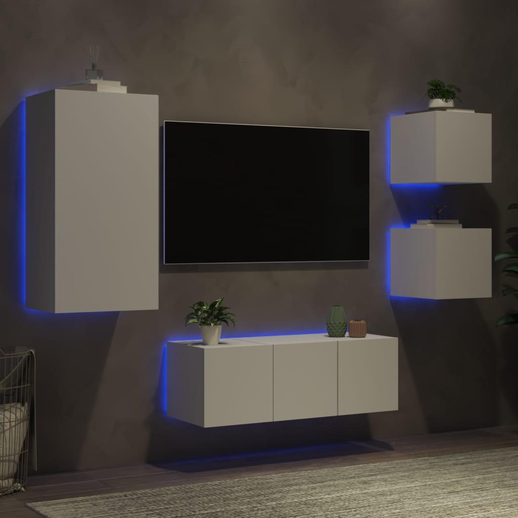 Mobili TV a Muro con LED 5pz Bianchi in Legno Multistrato - homemem39