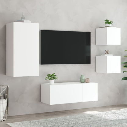 Mobili TV a Muro con LED 5pz Bianchi in Legno Multistrato - homemem39