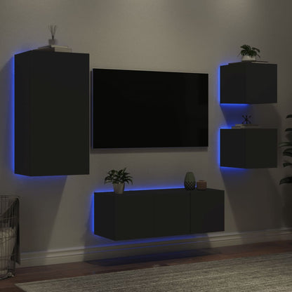 Mobili TV a Muro con LED 5pz Neri in Legno Multistrato - homemem39