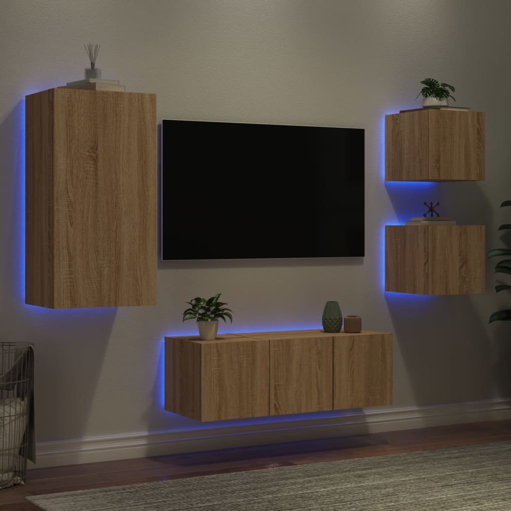 Mobili TV a Muro con LED 5pz Rovere Sonoma Legno Multistrato - homemem39