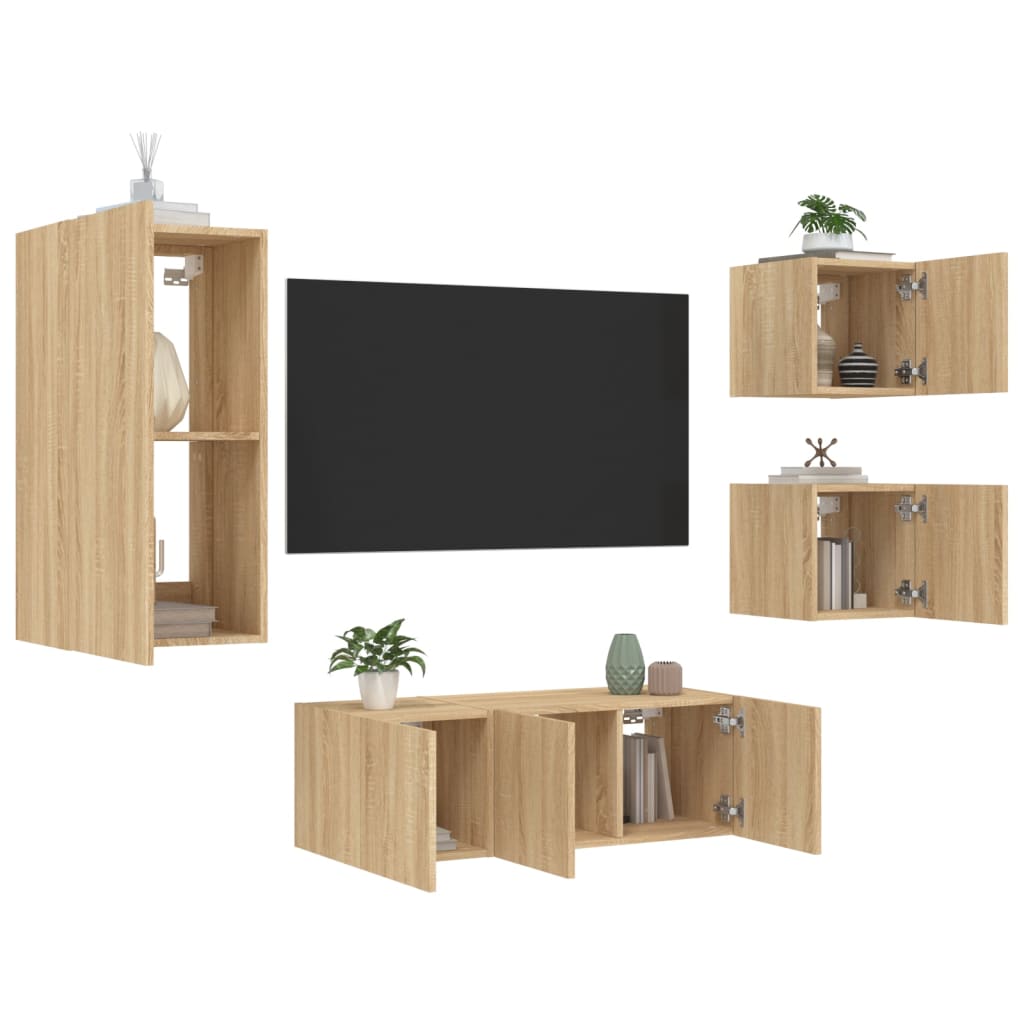 Mobili TV a Muro con LED 5pz Rovere Sonoma Legno Multistrato - homemem39