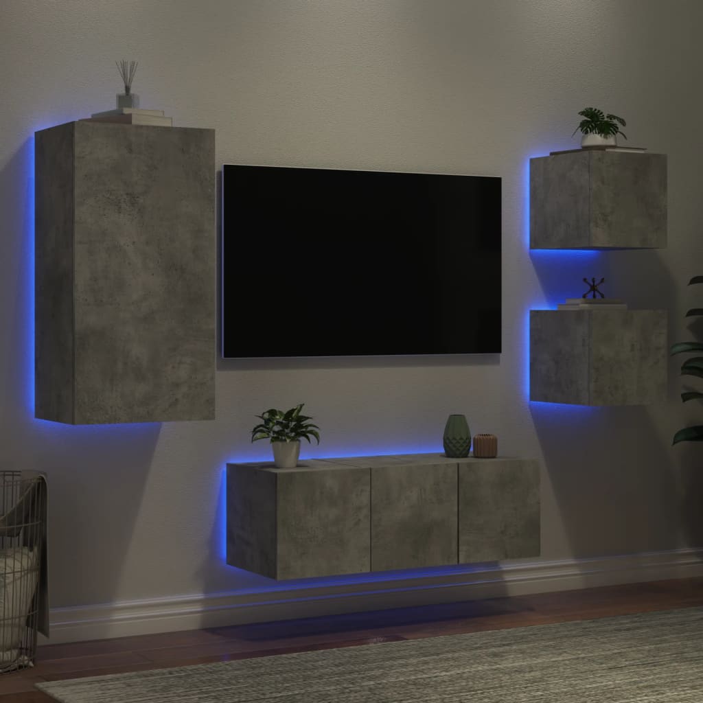 Mobili TV a Muro con LED 5pz Grigio Cemento Legno Multistrato - homemem39