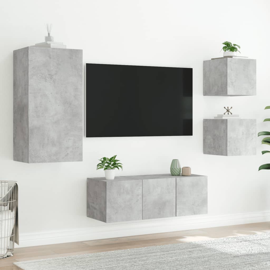 Mobili TV a Muro con LED 5pz Grigio Cemento Legno Multistrato - homemem39