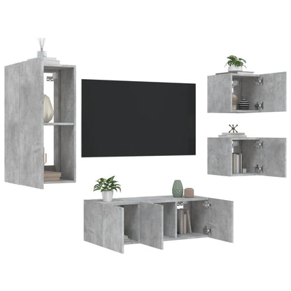 Mobili TV a Muro con LED 5pz Grigio Cemento Legno Multistrato - homemem39