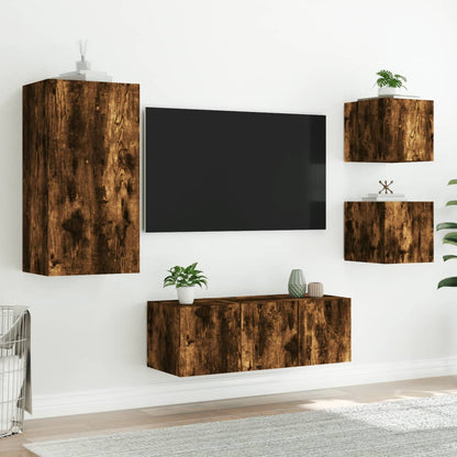 Mobili TV a Muro con LED 5pz Rovere Fumo in Legno Multistrato - homemem39