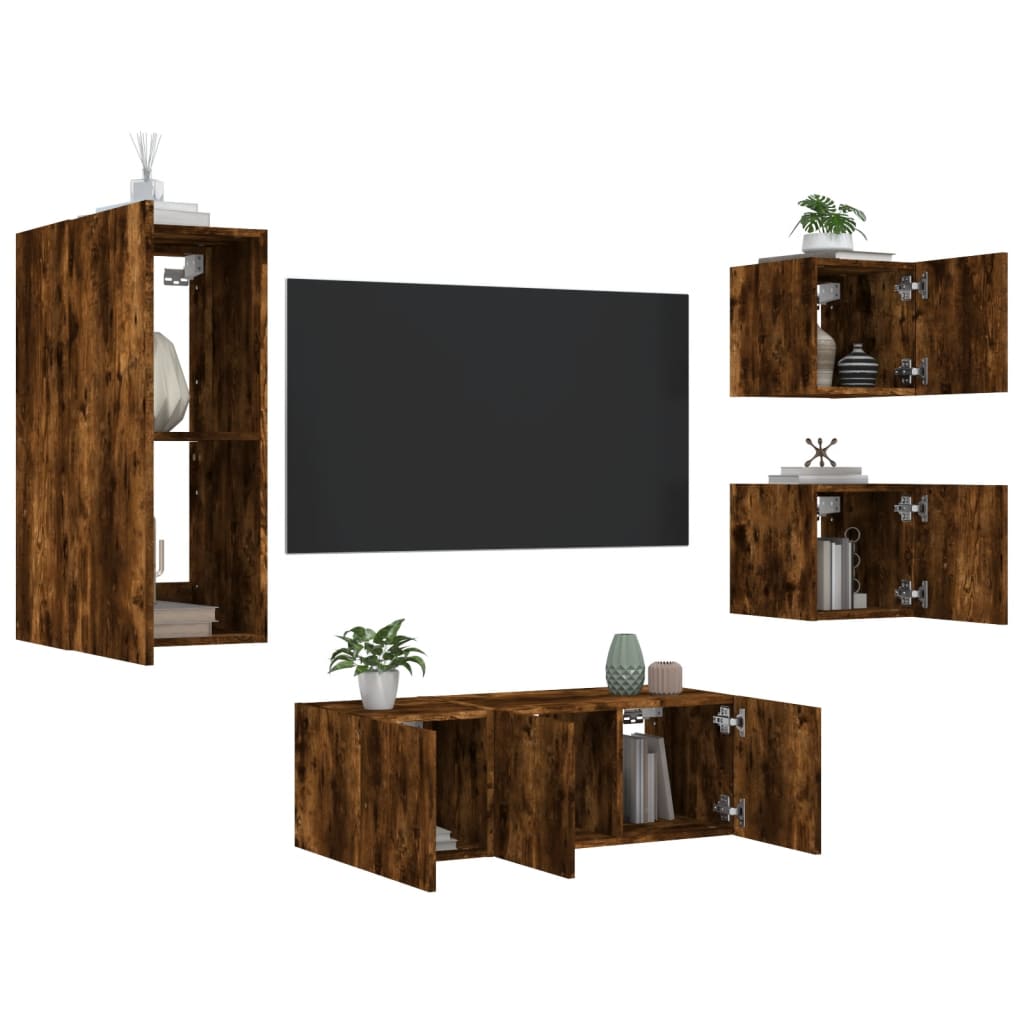 Mobili TV a Muro con LED 5pz Rovere Fumo in Legno Multistrato - homemem39