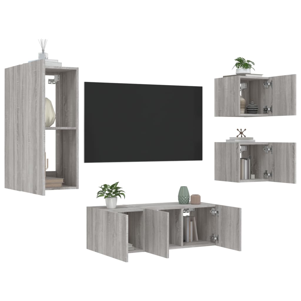 Mobili TV a Muro con LED 5pz Grigio Sonoma in Legno Multistrato - homemem39