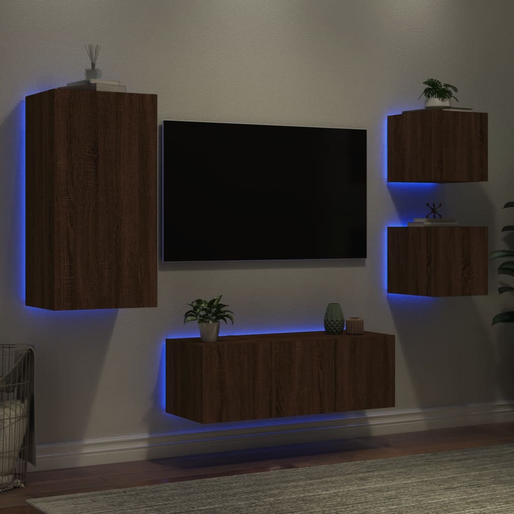 Mobili TV a Muro con LED 5pz Rovere Marrone Legno Multistrato - homemem39