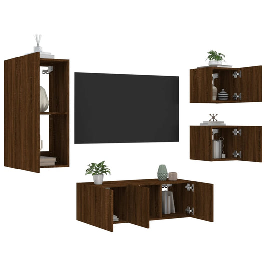 Mobili TV a Muro con LED 5pz Rovere Marrone Legno Multistrato - homemem39