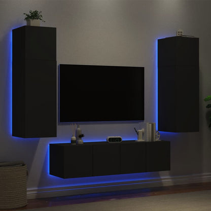 Mobili TV a Muro con LED 6pz Neri in Legno Multistrato - homemem39