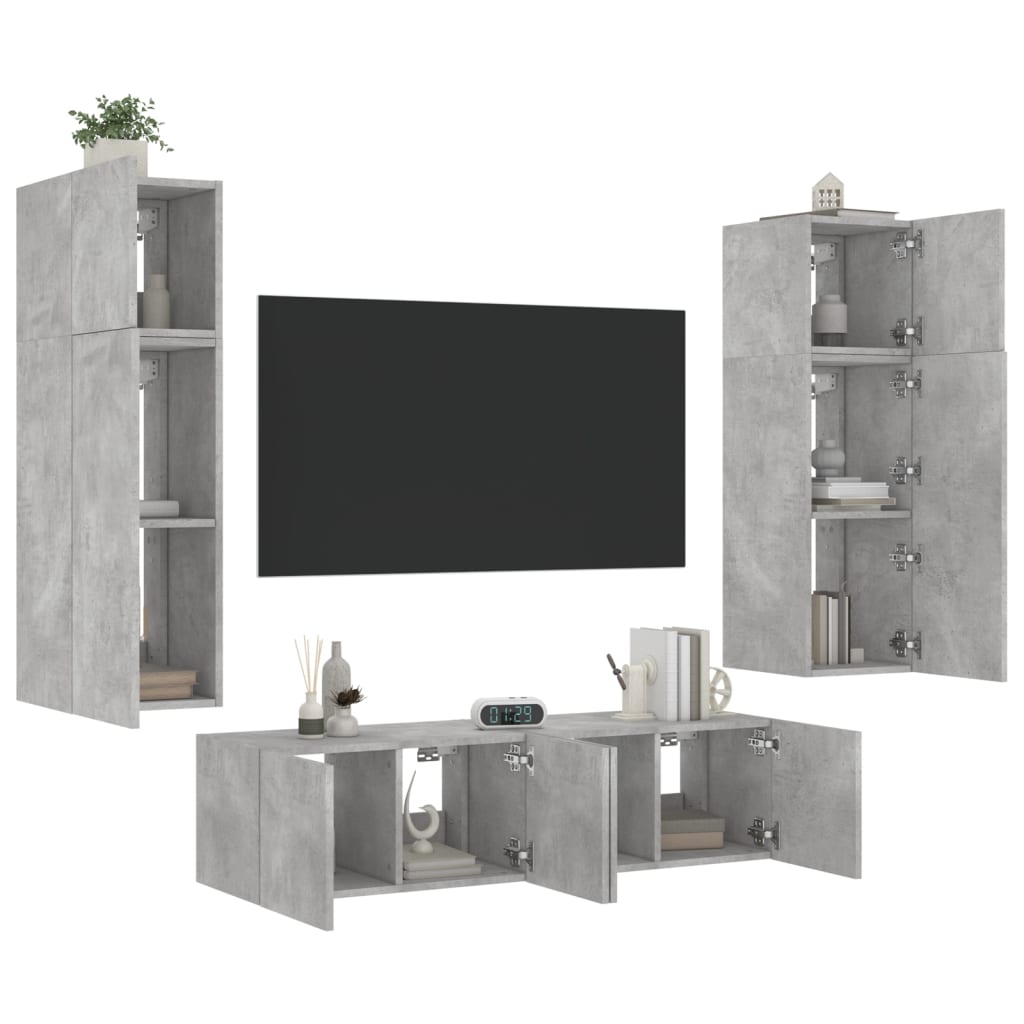 Mobili TV a Muro con LED 6pz Grigio Cemento Legno Multistrato - homemem39