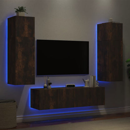 Mobili TV a Muro con LED 6pz Rovere Fumo in Legno Multistrato - homemem39