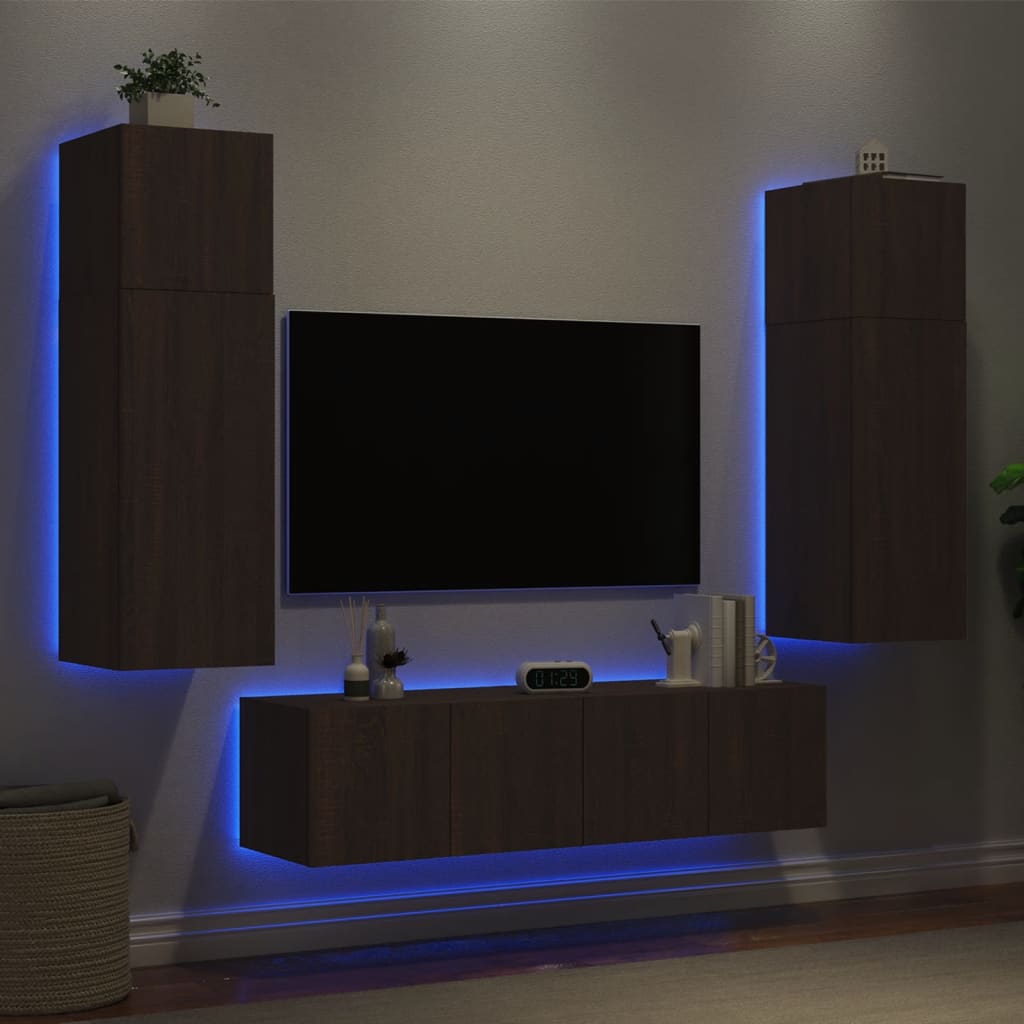 Mobili TV a Muro con LED 6pz Rovere Marrone Legno Multistrato - homemem39