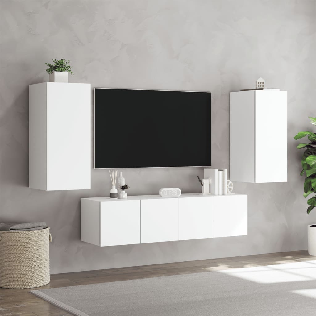 Mobili TV a Muro con LED 4pz Bianchi in Legno Multistrato - homemem39