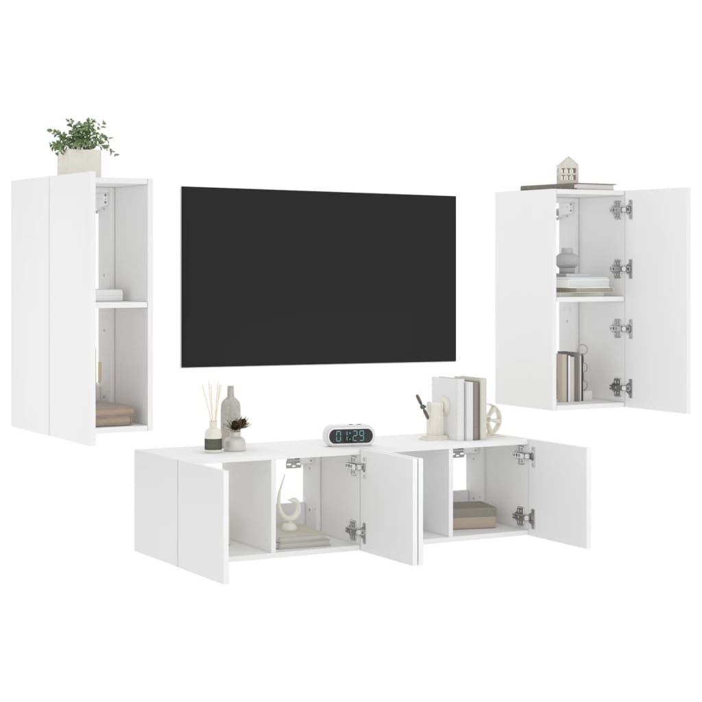 Mobili TV a Muro con LED 4pz Bianchi in Legno Multistrato - homemem39