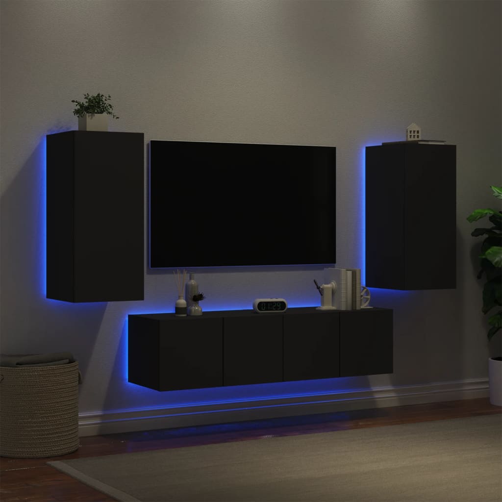 Mobili TV a Muro con LED 4pz Neri in Legno Multistrato - homemem39