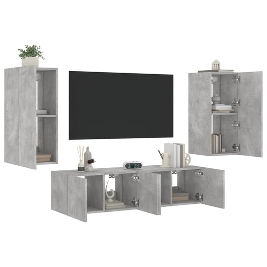 Mobili TV a Muro con LED 4pz Grigio Cemento Legno Multistrato - homemem39