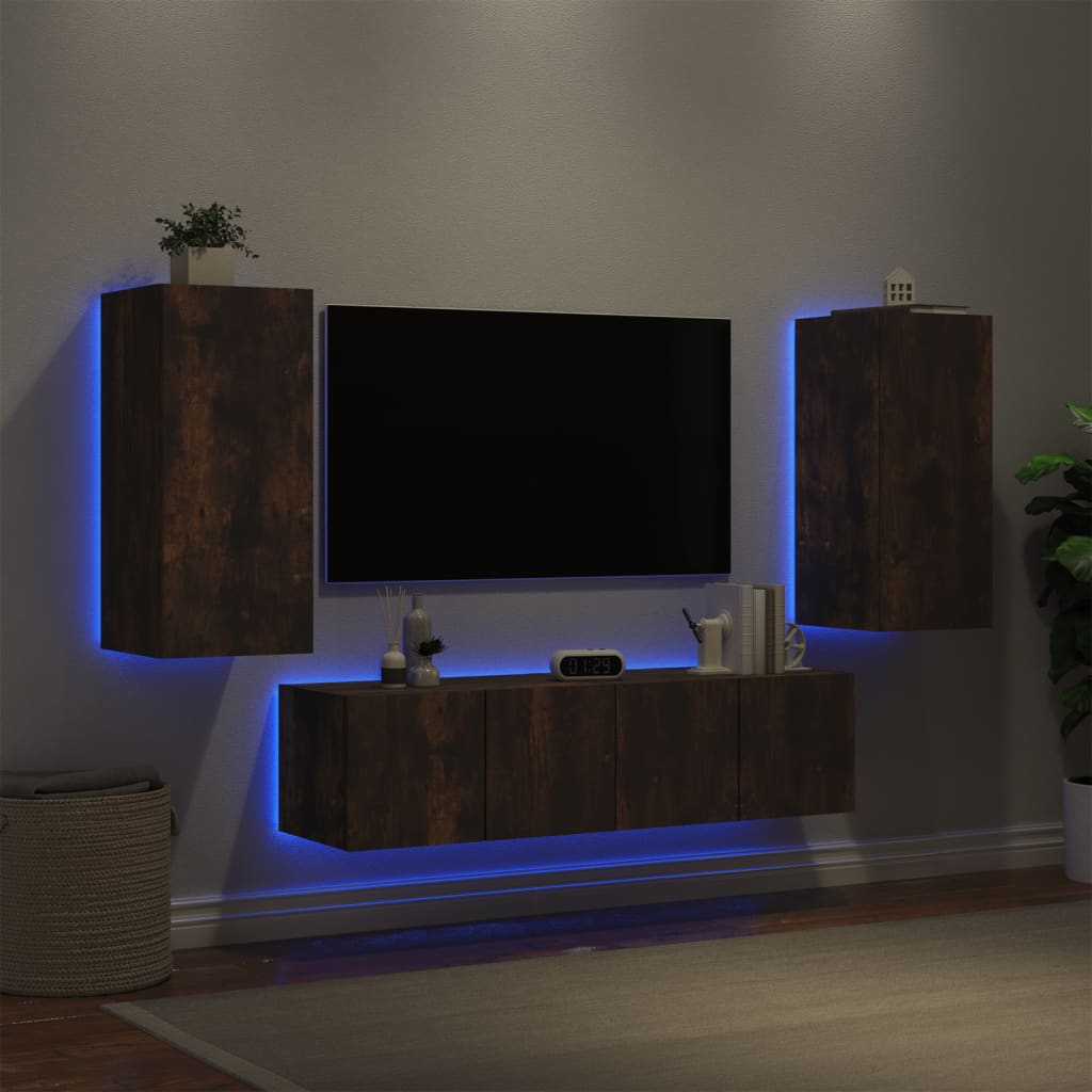 Mobili TV a Muro con LED 4pz Rovere Fumo in Legno Multistrato - homemem39