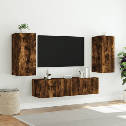 Mobili TV a Muro con LED 4pz Rovere Fumo in Legno Multistrato - homemem39