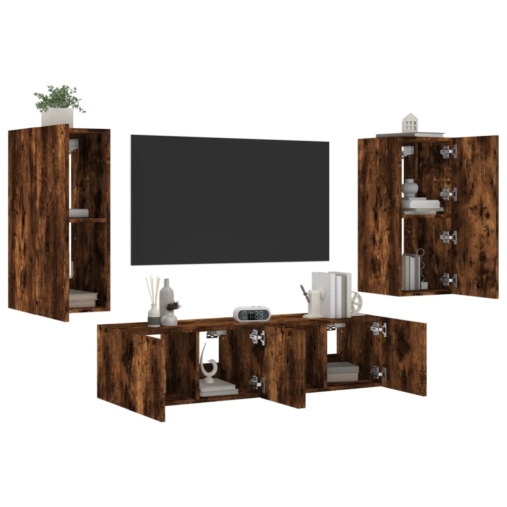 Mobili TV a Muro con LED 4pz Rovere Fumo in Legno Multistrato - homemem39