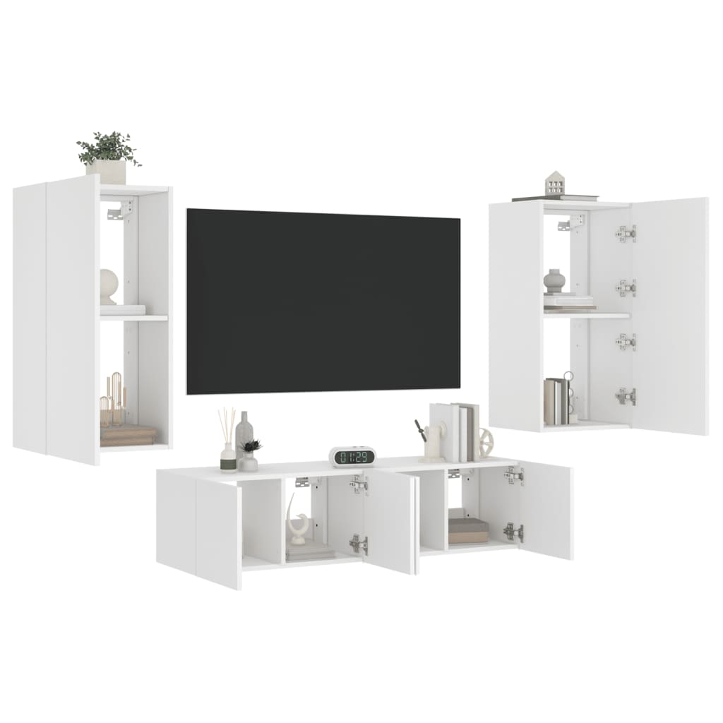 Mobili TV a Muro con LED 4pz Bianchi in Legno Multistrato - homemem39