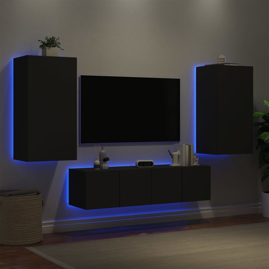 Mobili TV a Muro con LED 4pz Neri in Legno Multistrato - homemem39