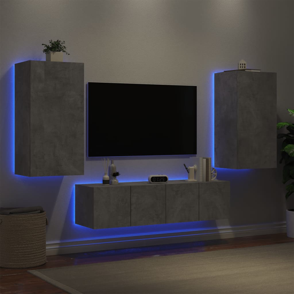 Mobili TV a Muro con LED 4pz Grigio Cemento Legno Multistrato - homemem39