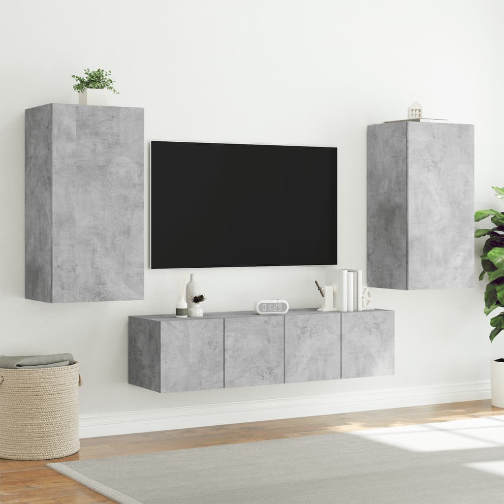 Mobili TV a Muro con LED 4pz Grigio Cemento Legno Multistrato - homemem39