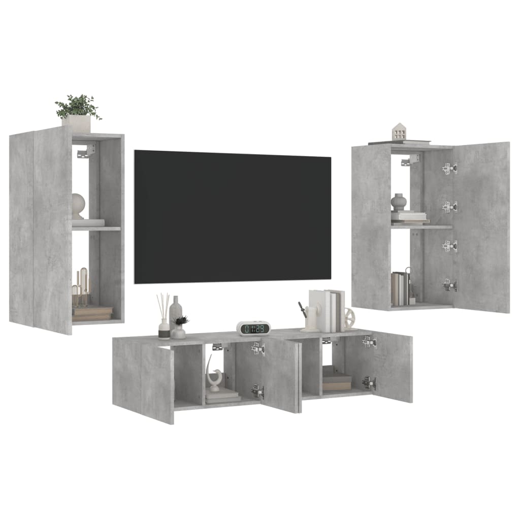 Mobili TV a Muro con LED 4pz Grigio Cemento Legno Multistrato - homemem39