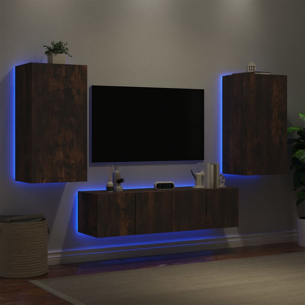 Mobili TV a Muro con LED 4pz Rovere Fumo in Legno Multistrato - homemem39