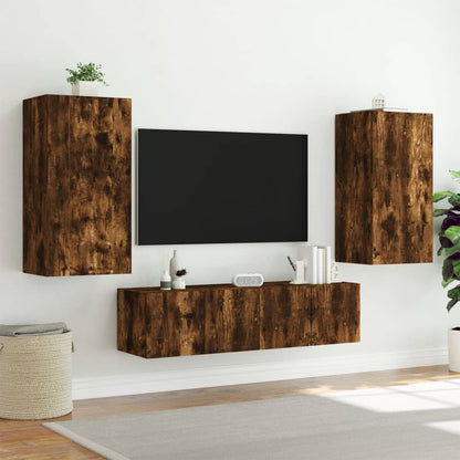 Mobili TV a Muro con LED 4pz Rovere Fumo in Legno Multistrato - homemem39