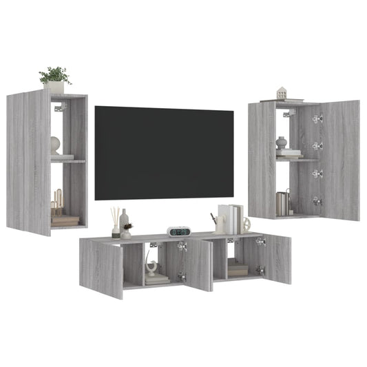 Mobili TV a Muro con LED 4pz Grigio Sonoma in Legno Multistrato - homemem39