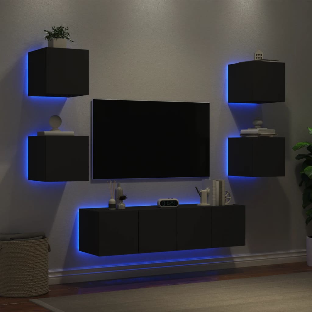 Mobili TV a Muro con LED 6pz Neri in Legno Multistrato - homemem39