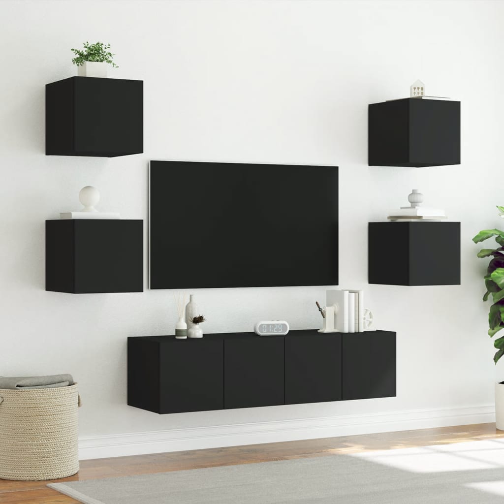 Mobili TV a Muro con LED 6pz Neri in Legno Multistrato - homemem39