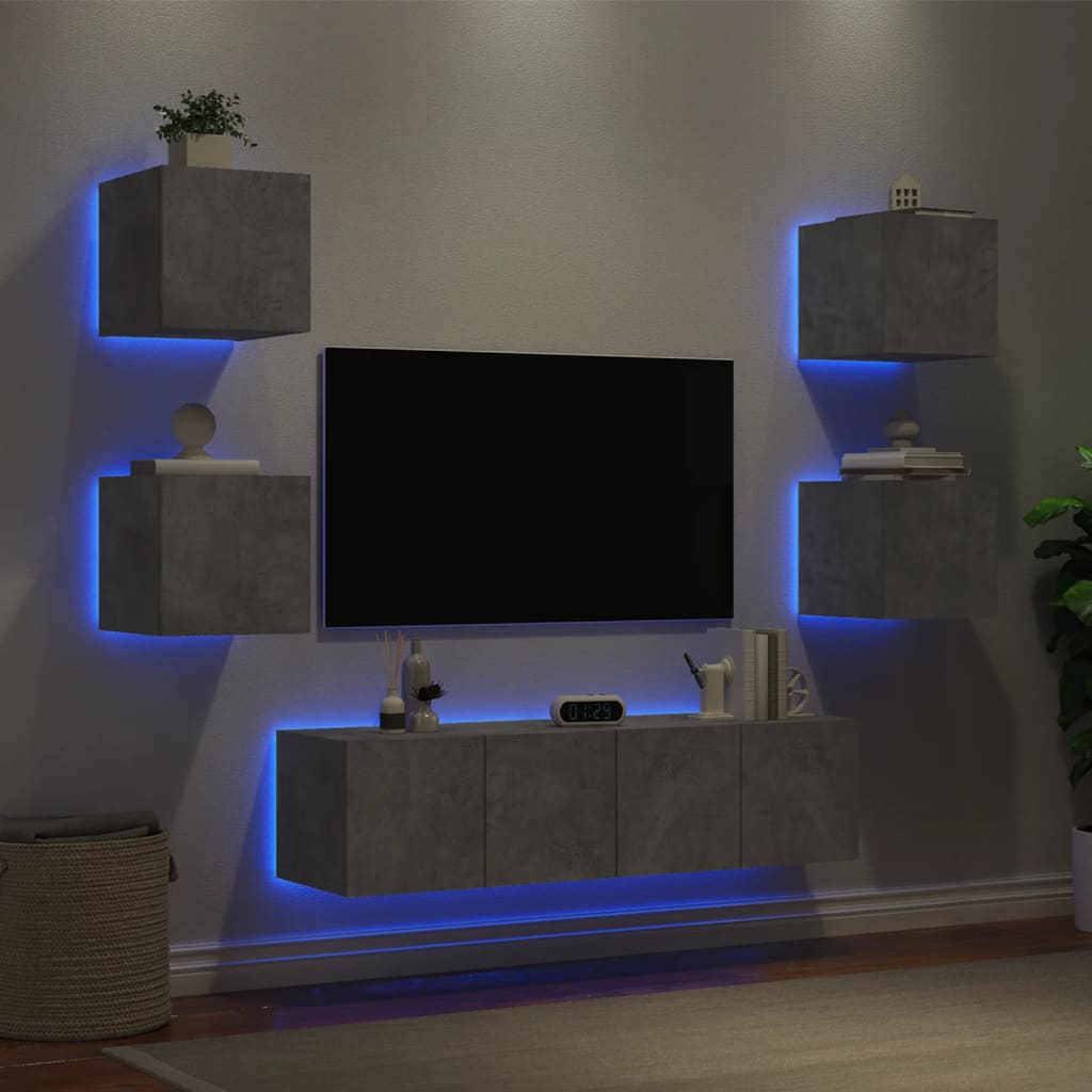 Mobili TV a Muro con LED 6pz Grigio Cemento Legno Multistrato - homemem39