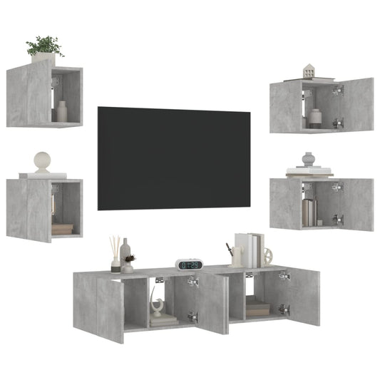 Mobili TV a Muro con LED 6pz Grigio Cemento Legno Multistrato - homemem39