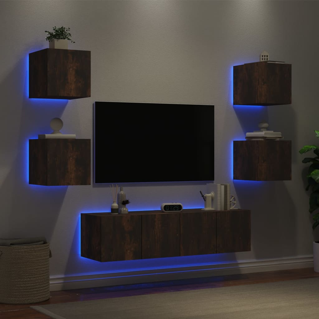 Mobili TV a Muro con LED 6pz Rovere Fumo in Legno Multistrato - homemem39