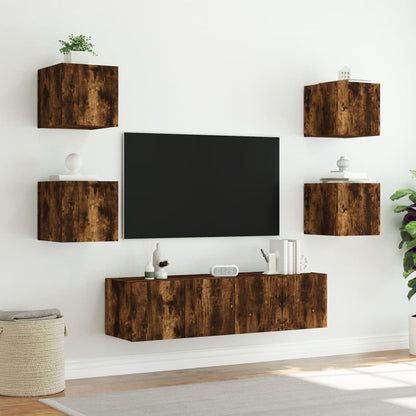 Mobili TV a Muro con LED 6pz Rovere Fumo in Legno Multistrato - homemem39