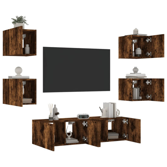 Mobili TV a Muro con LED 6pz Rovere Fumo in Legno Multistrato - homemem39