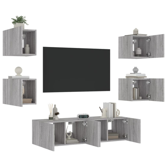 Mobili TV a Muro con LED 6pz Grigio Sonoma Legno Multistrato - homemem39