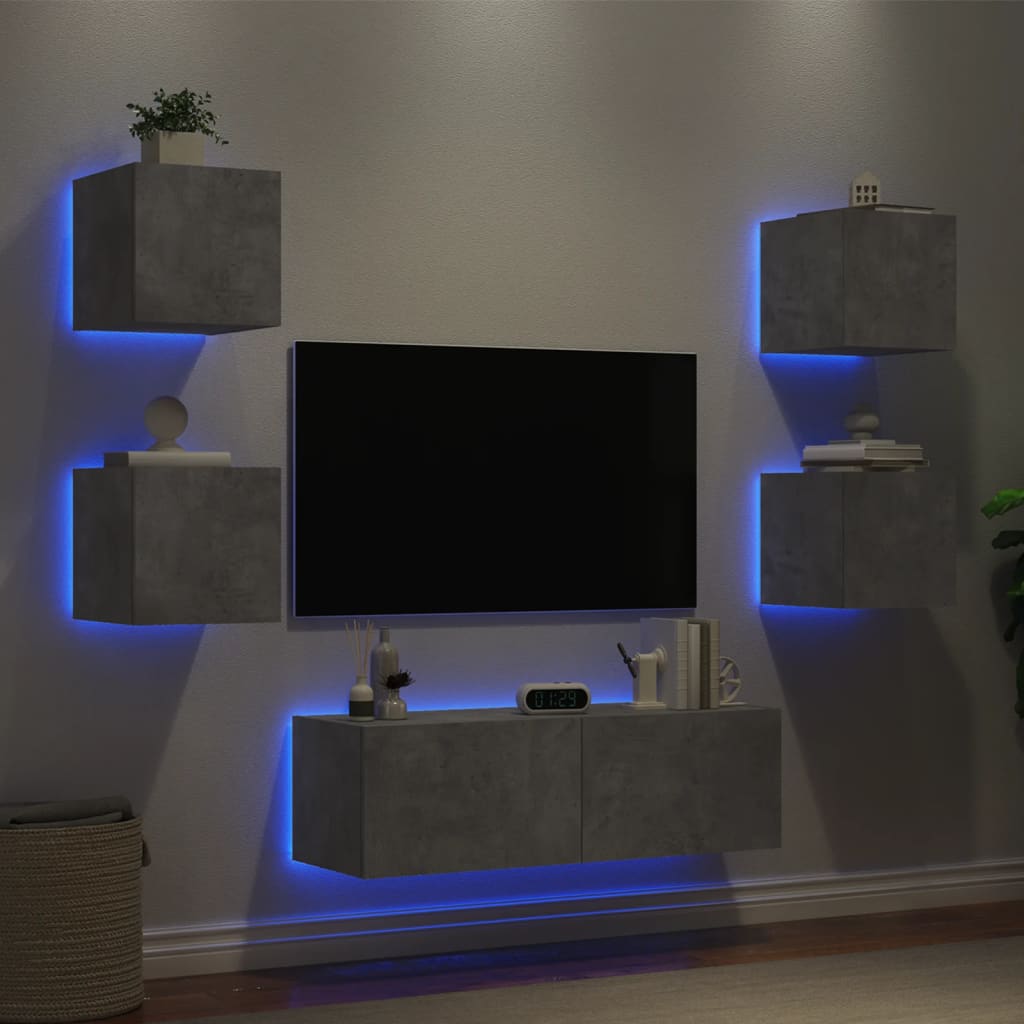 Mobili TV a Muro 5pz con Luci LED Grigio Cemento - homemem39
