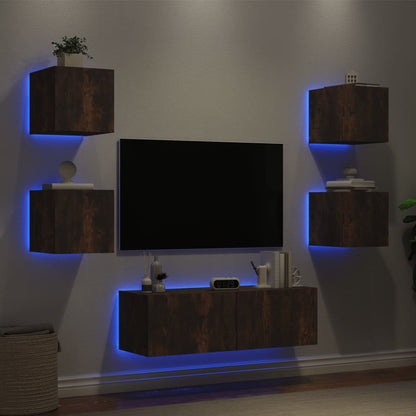 Mobili TV a Muro 5pz con Luci LED Rovere Fumo - homemem39