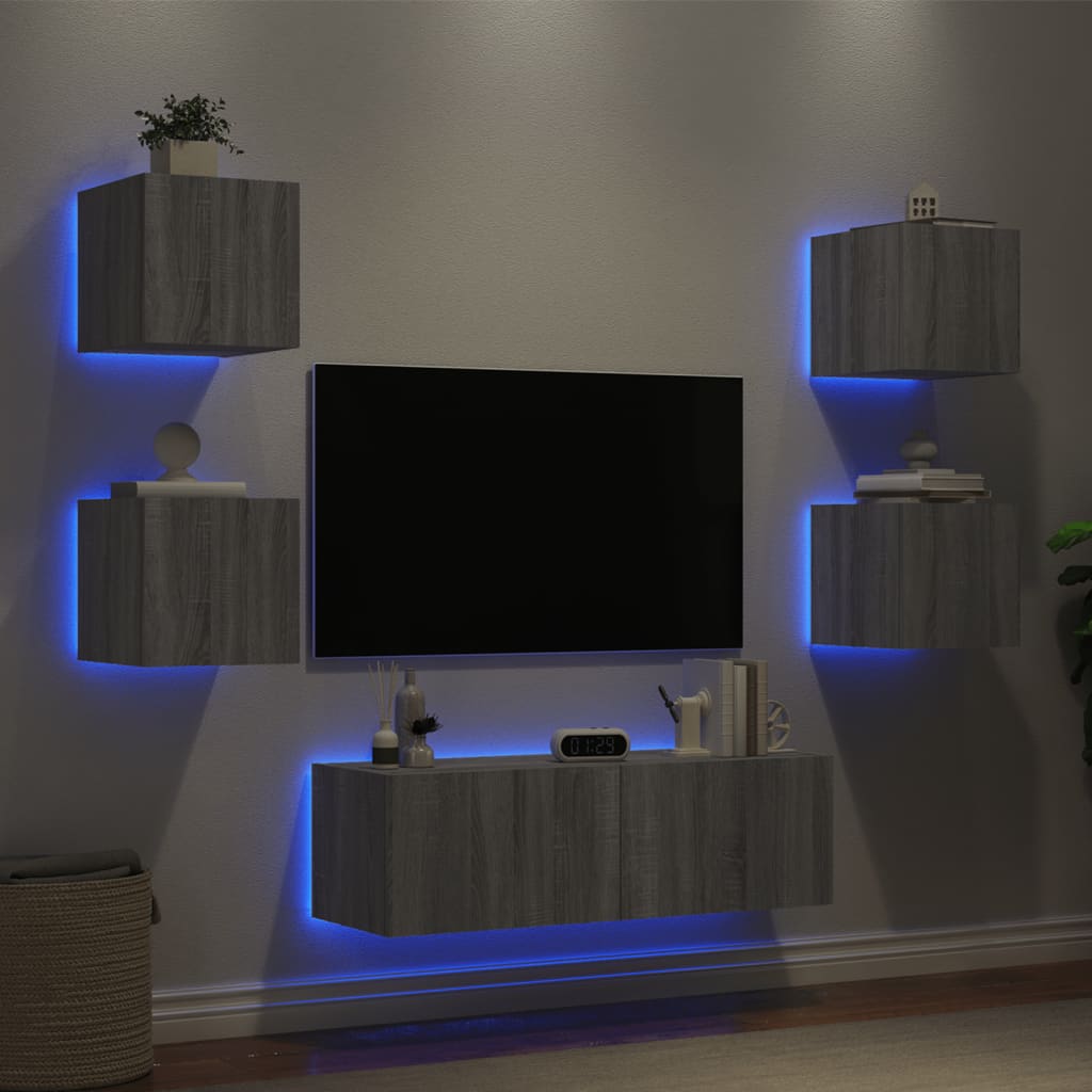 Mobili TV a Muro 5pz con Luci LED Grigio Sonoma - homemem39