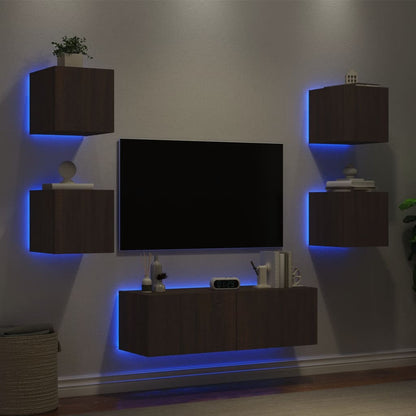 Mobili TV a Muro 5pz con Luci LED Rovere Marrone - homemem39