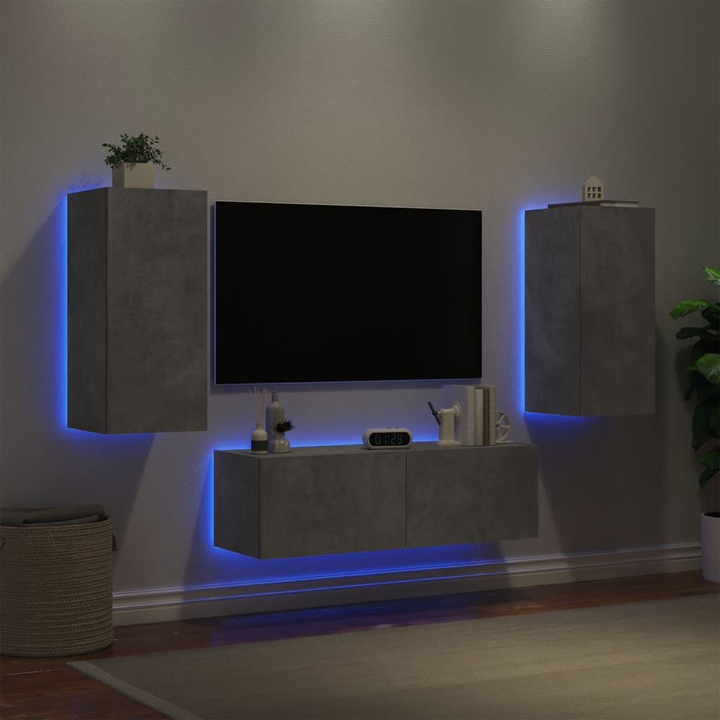 Mobili TV a Muro 3pz con Luci LED Grigio Cemento - homemem39