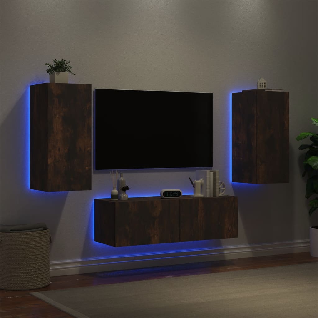 Mobili TV a Muro 3pz con Luci LED Rovere Fumo - homemem39