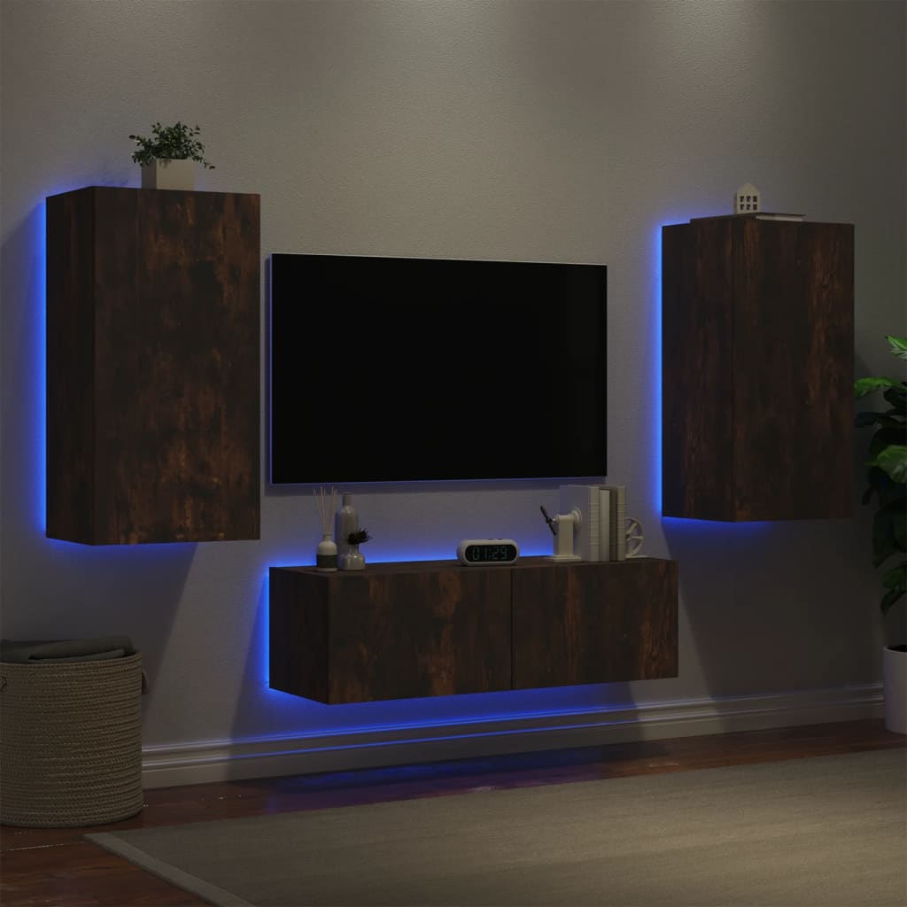 Mobili TV a Muro 3pz con Luci LED Rovere Fumo - homemem39