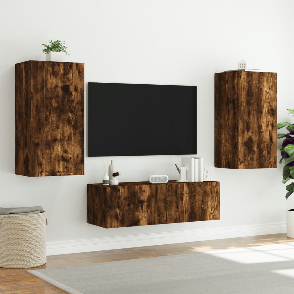 Mobili TV a Muro 3pz con Luci LED Rovere Fumo - homemem39