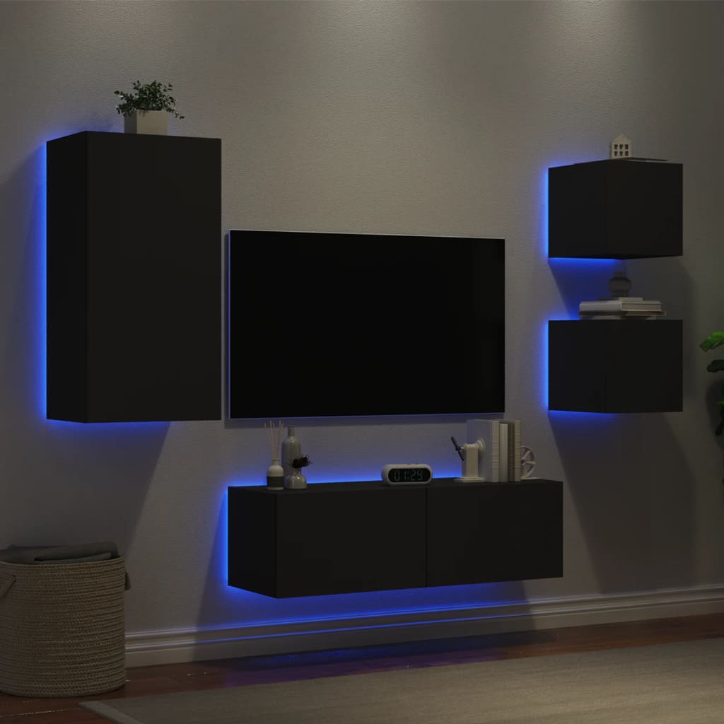 Mobili TV a Muro 4pz con Luci LED Neri - homemem39