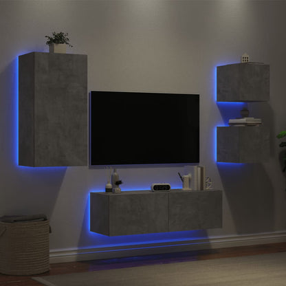 Mobili TV a Muro 4pz con Luci LED Grigio Cemento - homemem39